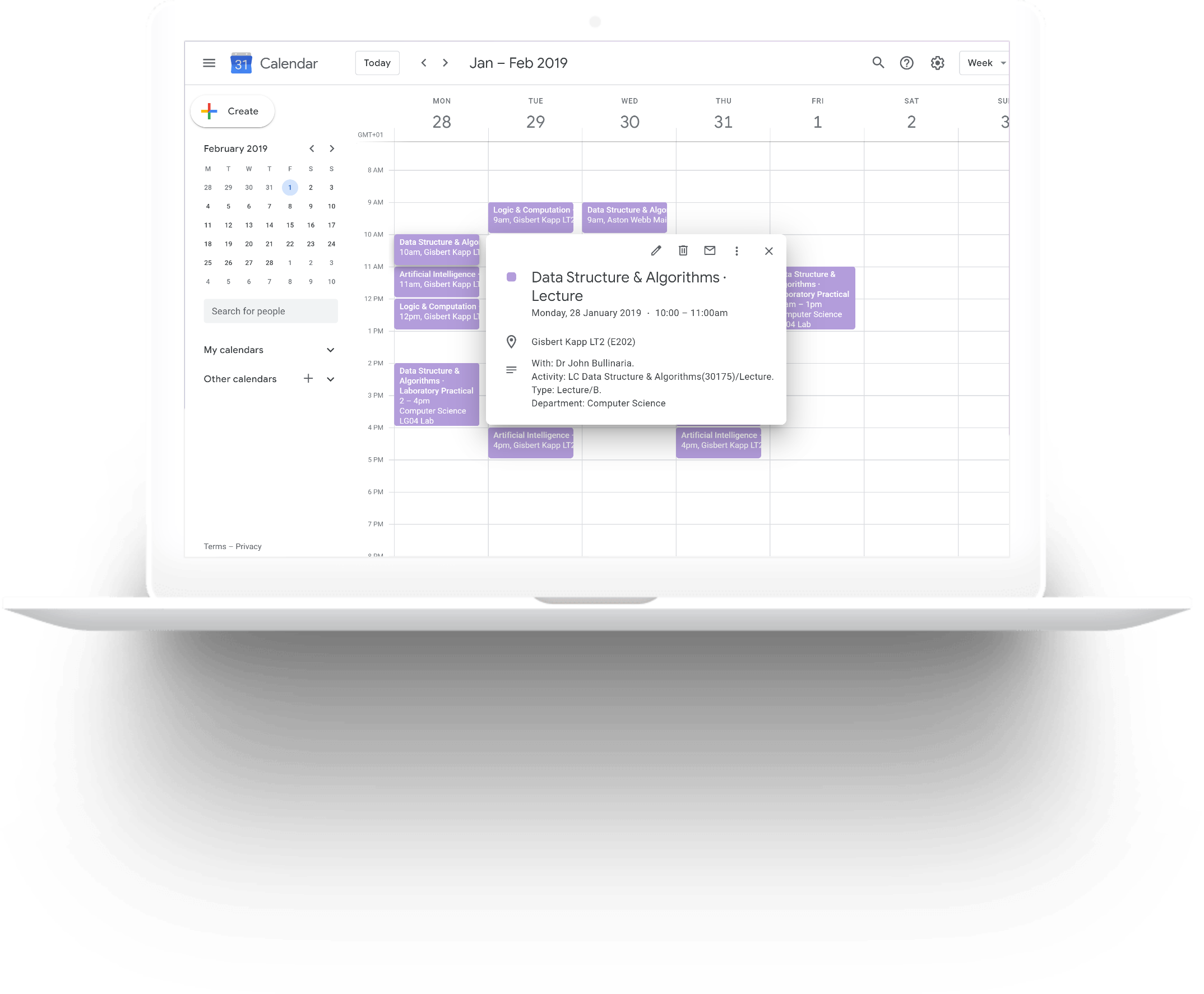 Laptop showing timetable week open in Google Calendar.